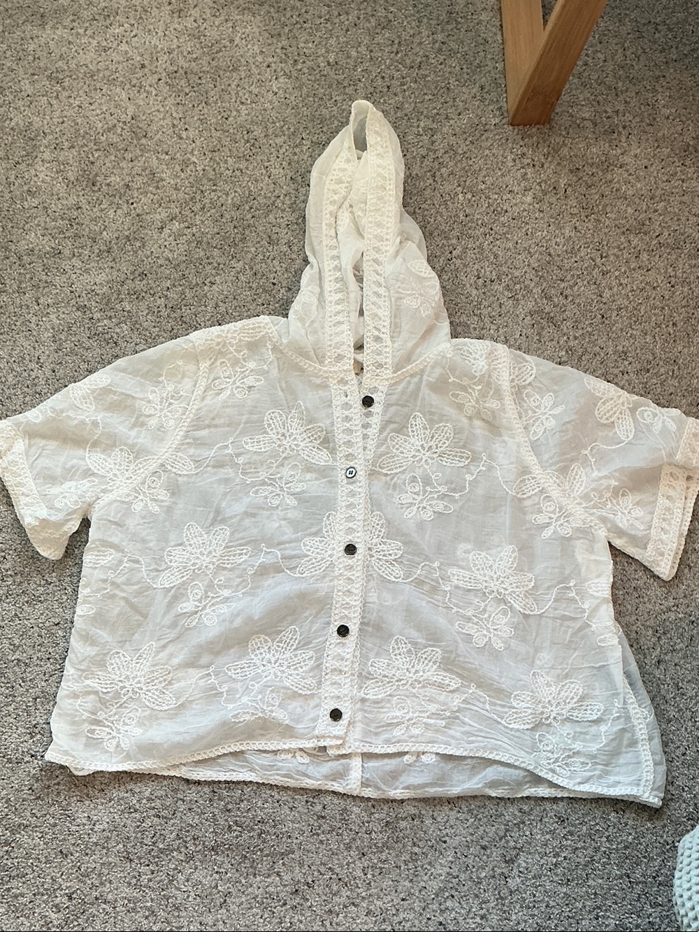 New POL Embroidered Hooded Lace Button-Down Top ~ White - Picture 2 of 8